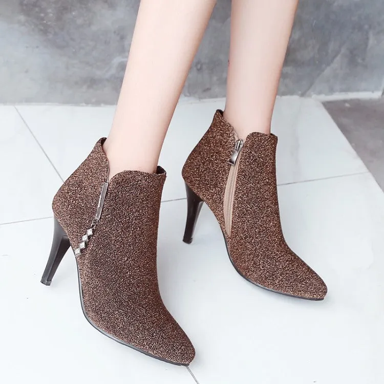 Women's Glitter Pointed Toe Side Zippers Cone Heel Ankle Boots