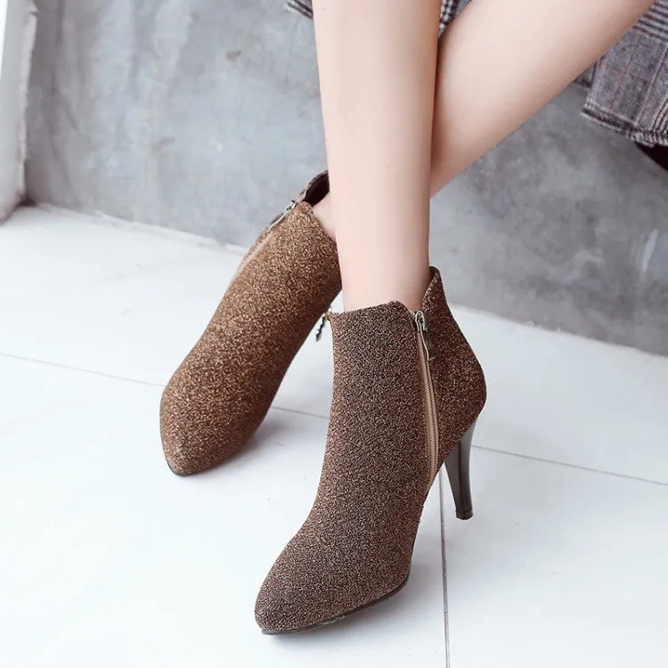 Women's Glitter Pointed Toe Side Zippers Cone Heel Ankle Boots