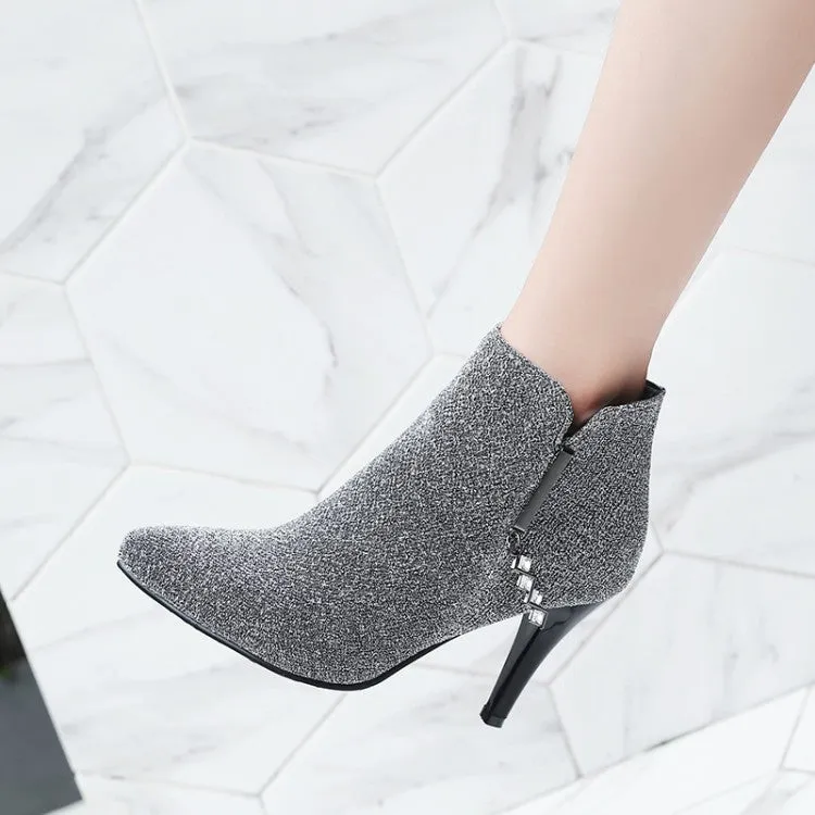 Women's Glitter Pointed Toe Side Zippers Cone Heel Ankle Boots