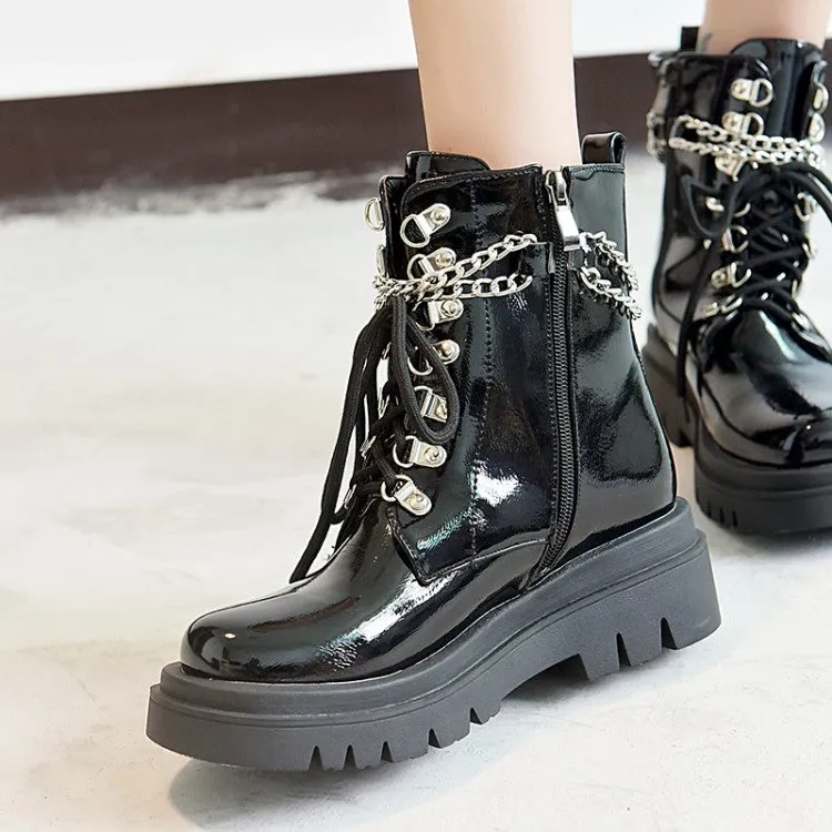 Women's Glossy Lace Up Metal Chains Flat Platform Short Boots