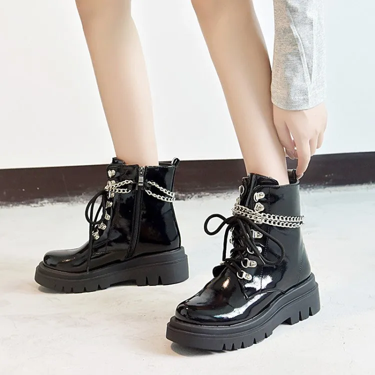 Women's Glossy Lace Up Metal Chains Flat Platform Short Boots