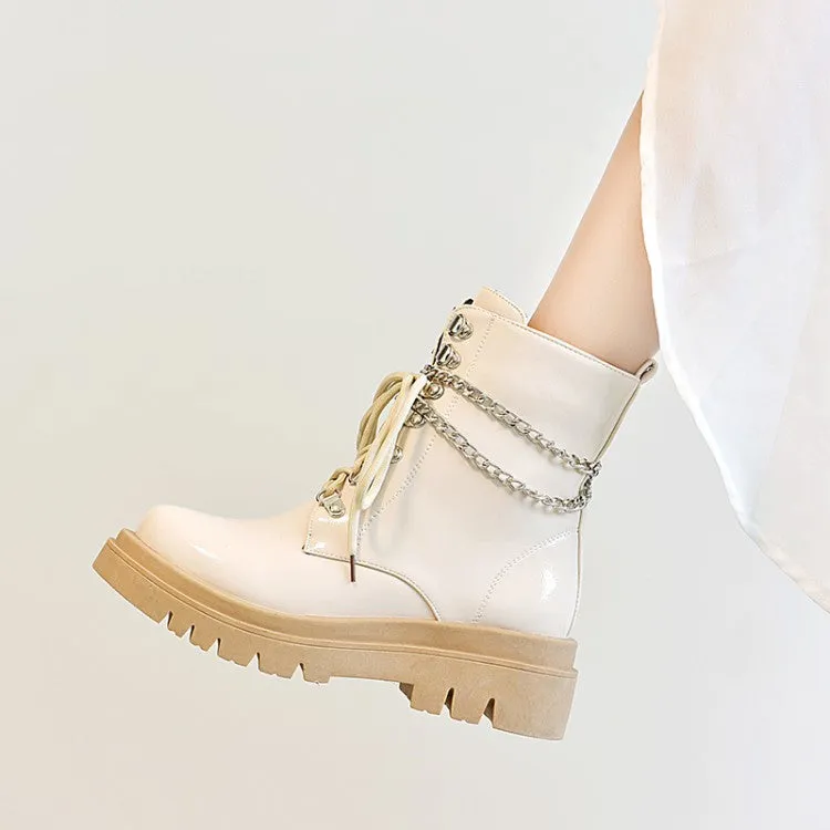 Women's Glossy Lace Up Metal Chains Flat Platform Short Boots