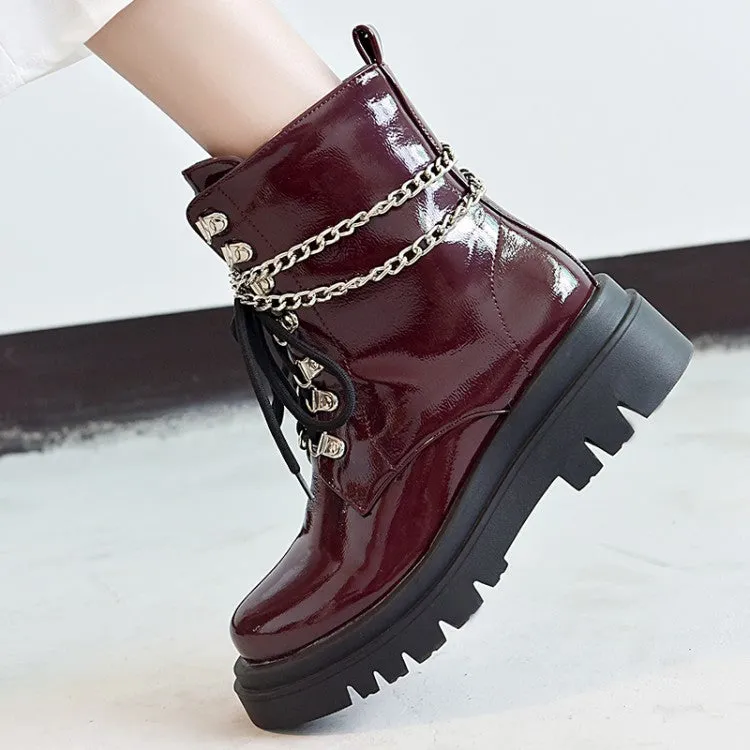 Women's Glossy Lace Up Metal Chains Flat Platform Short Boots