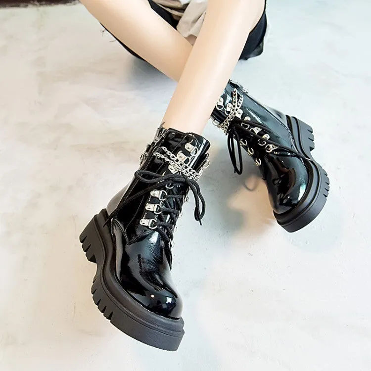 Women's Glossy Lace Up Metal Chains Flat Platform Short Boots