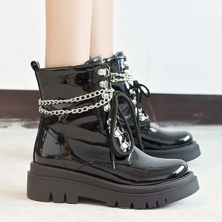 Women's Glossy Lace Up Metal Chains Flat Platform Short Boots