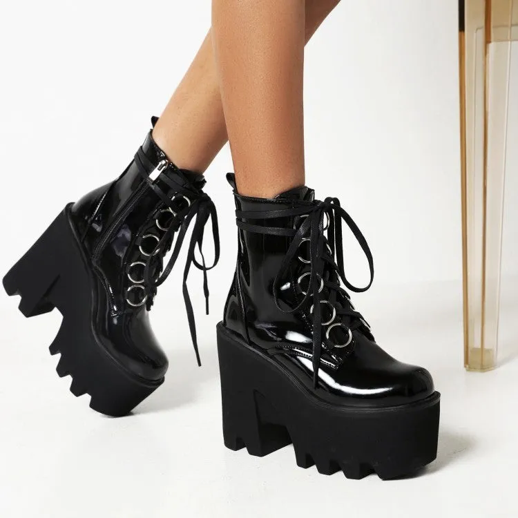 Women's Glossy Round Toe Lace Up Block Chunky Heel Platform Ankle Boots