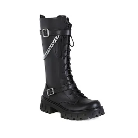 Women's Glossy Round Toe Metal Chains Lace Up Side Zippers Block Chunky Heel Platform Mid Calf Boots