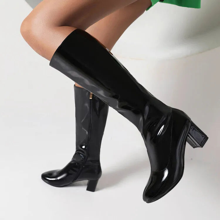 Women's Glossy Round Toe Side Zippers Block Chunky Heel Knee High Boots