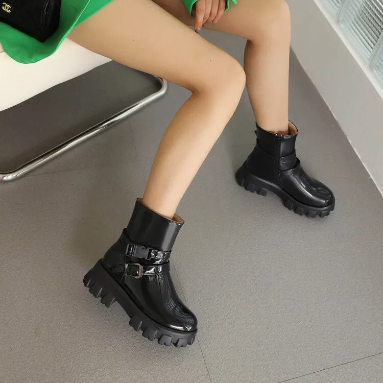 Women's Glossy Round Toe Side Zippers Buckle Straps Block Chunky Heel Platform Short Boots