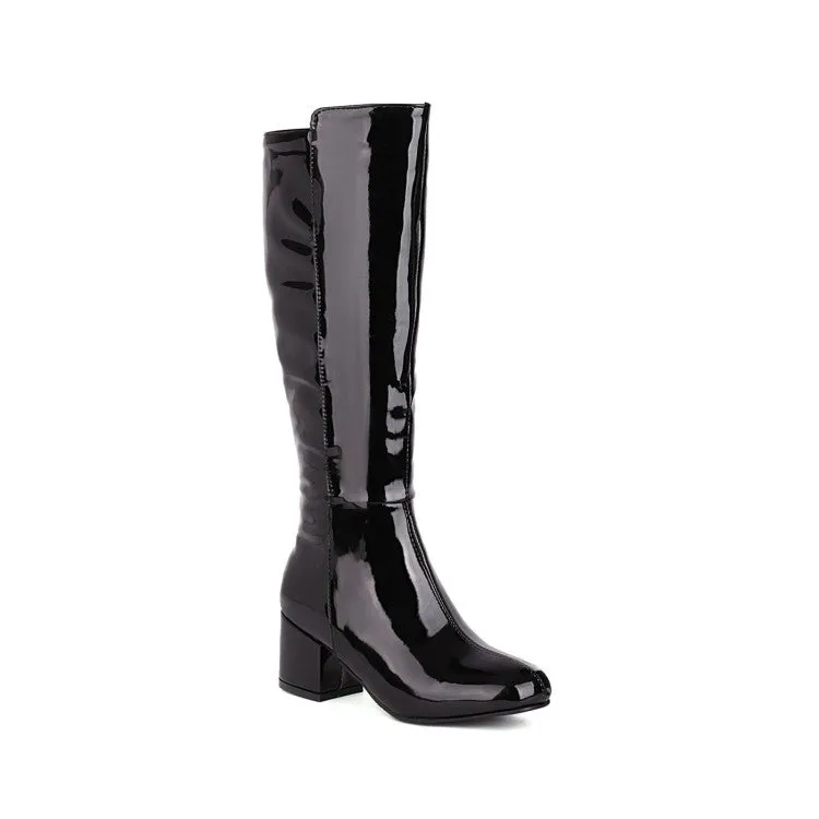 Women's Glossy Side Zippers Block Heel Knee High Boots