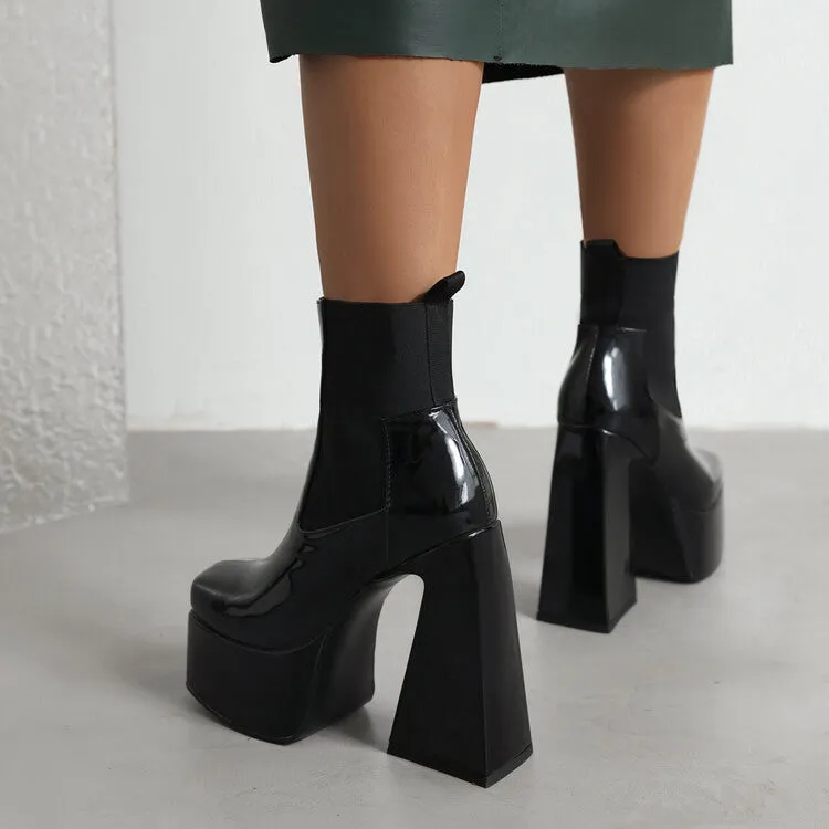 Women's Glossy Square Toe Stretch Block Chunky Heel Platform Ankle Boots