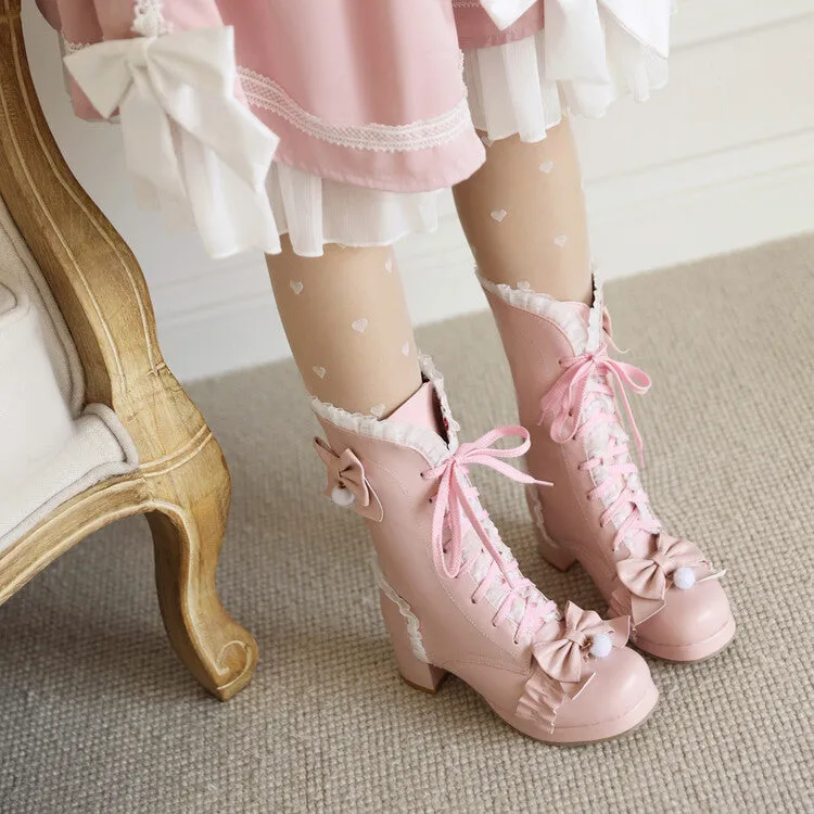 Women's Lace Bow Tie Tied Straps Block Chunky Heel Knee-High Boots