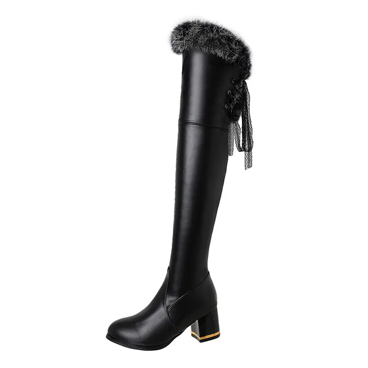 Women's Lace Furry Thick Heel Over-The-Knee Boots