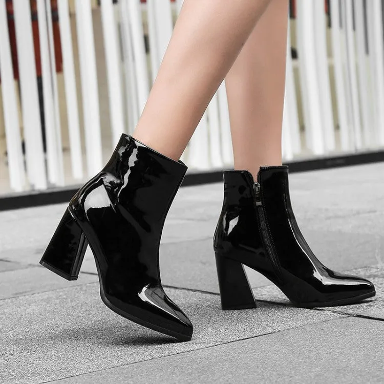 Women's Metal Patent Side Zippers Block Chunky Heel Short Boots