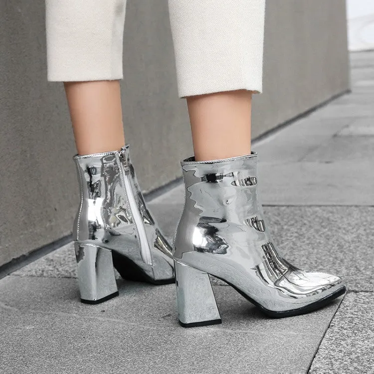 Women's Metal Patent Side Zippers Block Chunky Heel Short Boots