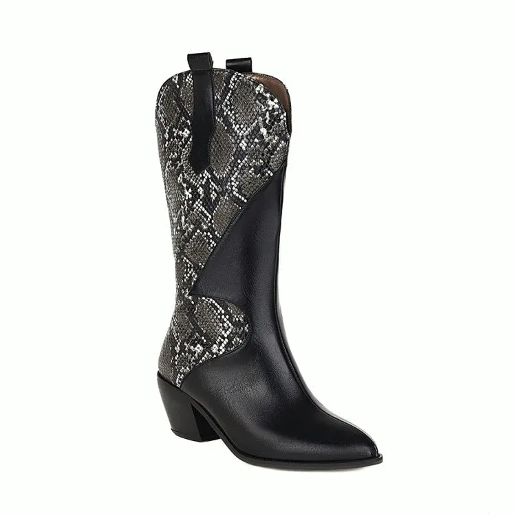 Women's Patchwork Pointed Toe Low Heel Cowboy Mid-Calf Western Boots