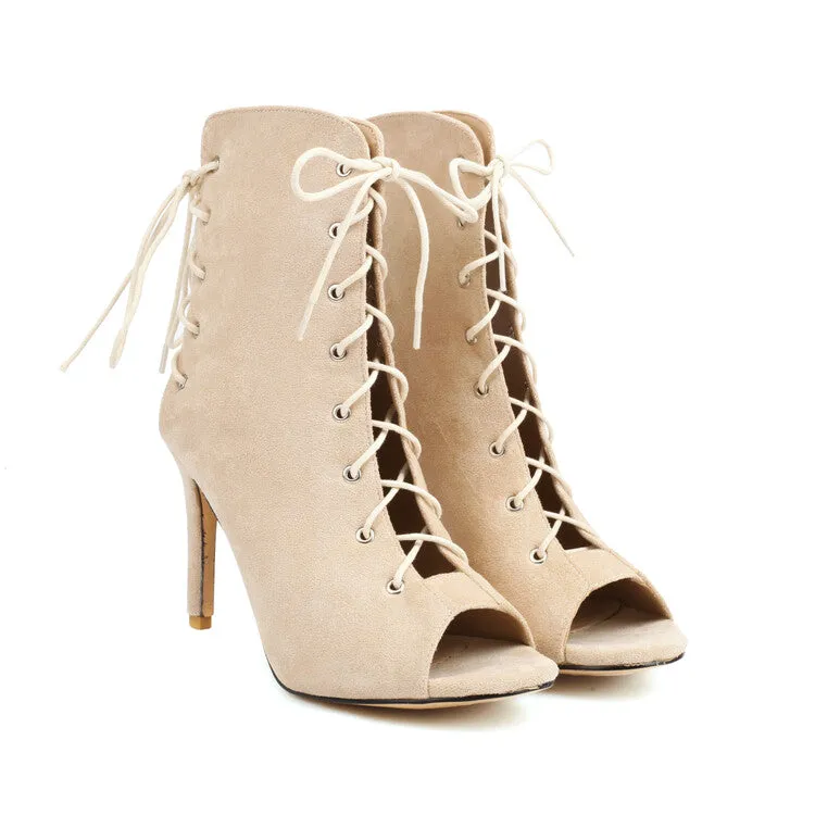 Women's Peep Toe Crossed Tied Lace-Up Stiletto Heel Ankle Boots