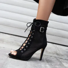 Women's Peep Toe Mesh Lace-Up Buckle Straps Stiletto Heel Ankle Boots