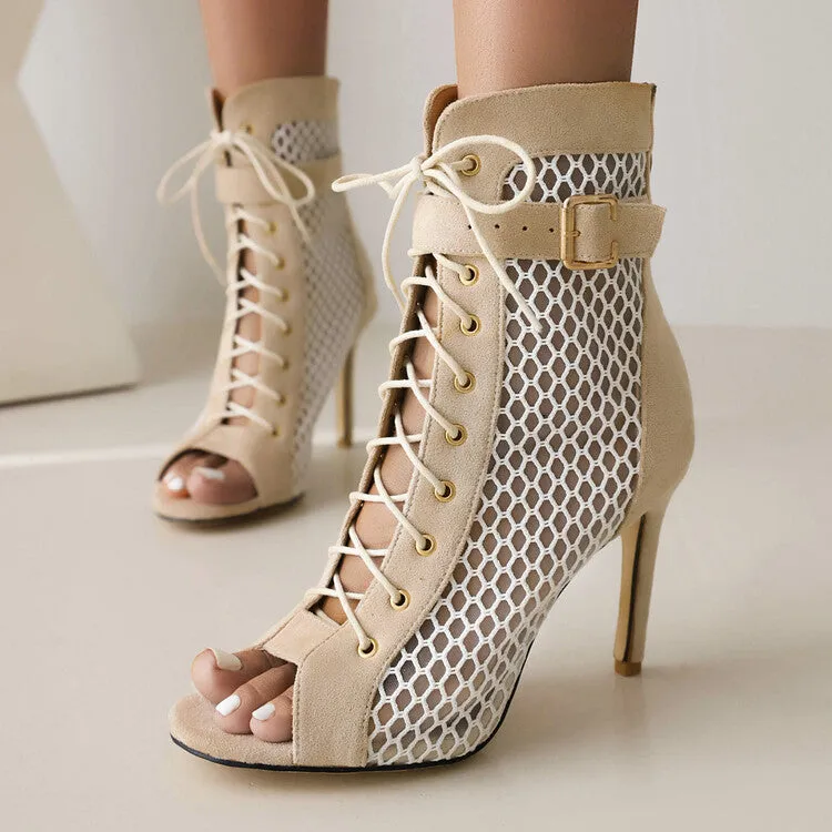 Women's Peep Toe Mesh Lace-Up Buckle Straps Stiletto Heel Ankle Boots