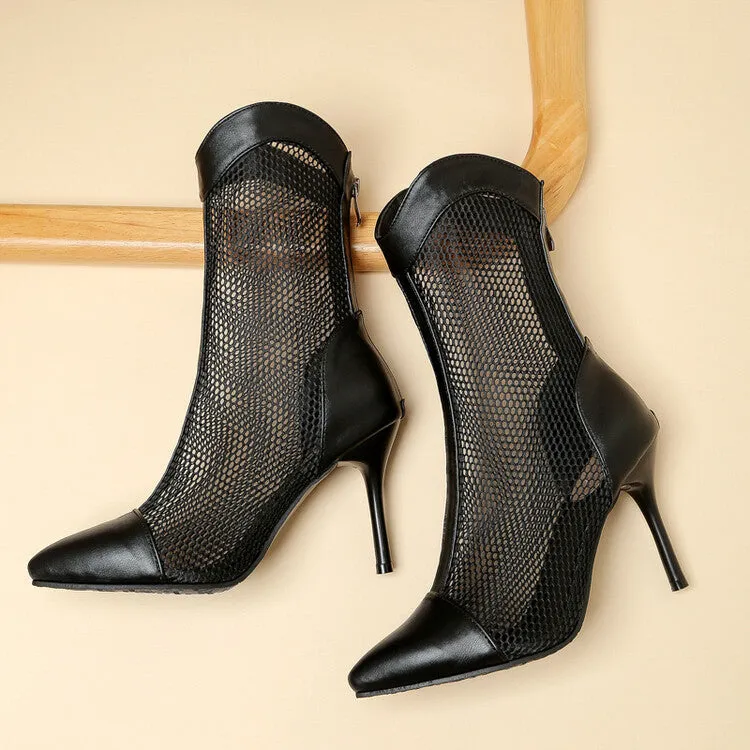 Women's Pointed Toe Mesh Stiletto Heel Mid Calf Boots