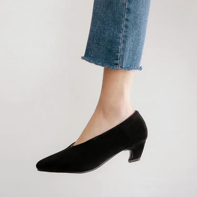 Women's Pointed Toe Suede Chunky Heels Pumps