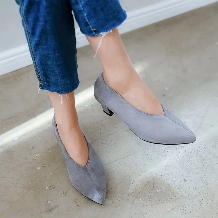 Women's Pointed Toe Suede Chunky Heels Pumps