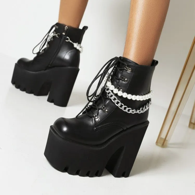 Women's Pu Leather Lace Up Metal Pearls Chains Block Chunky Heel Platform Riding Ankle Boots