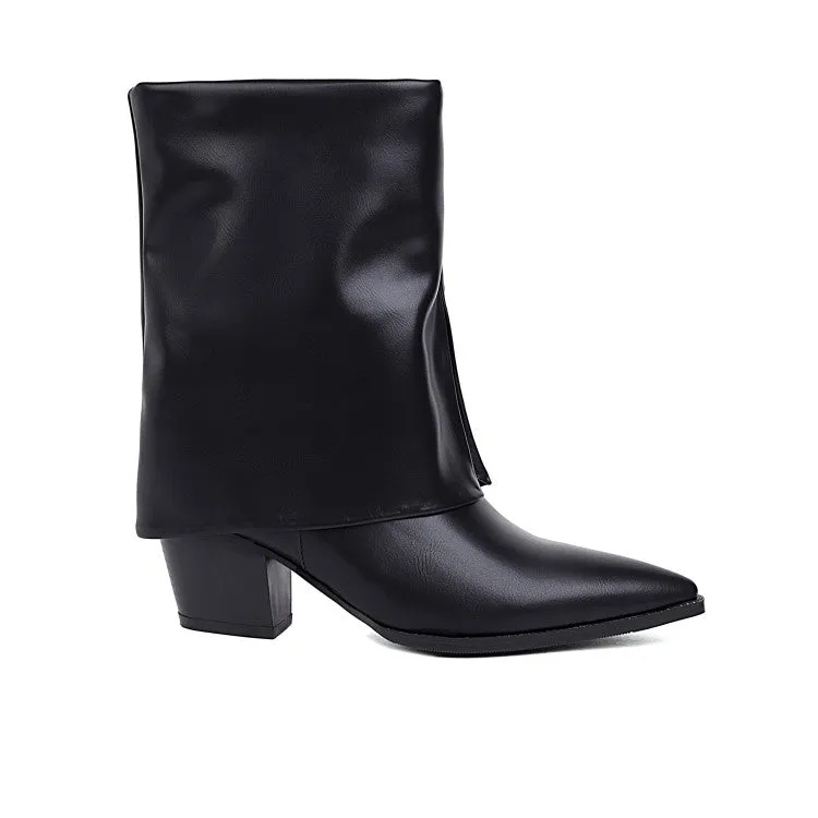 Women's Pu Leather Pointed Toe Block Heel Short Boots