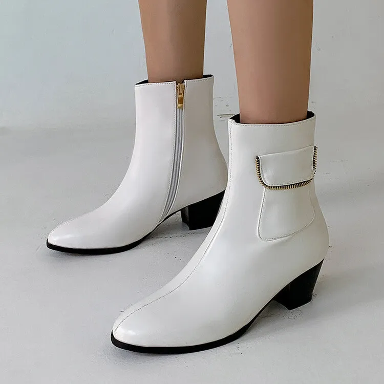 Women's Pu Leather Pointed Toe Side Zippers Pocket Block Heel Short Boots