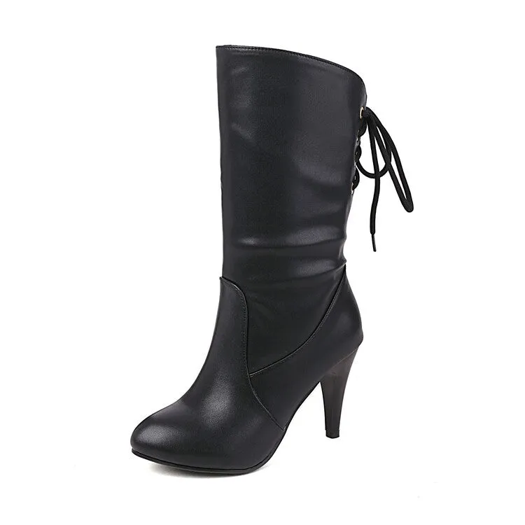 Women's Pu Leather Round Toe Back Lace Up Cone Heel Mid-Calf Boots