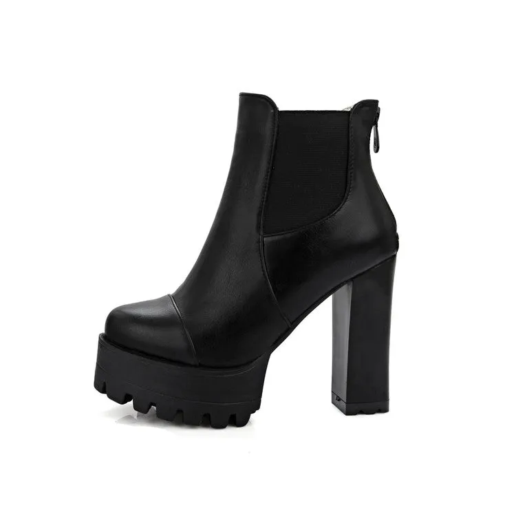 Women's Pu Leather Round Toe Back Zippers Block Chunky Heel Platform Ankle Boots