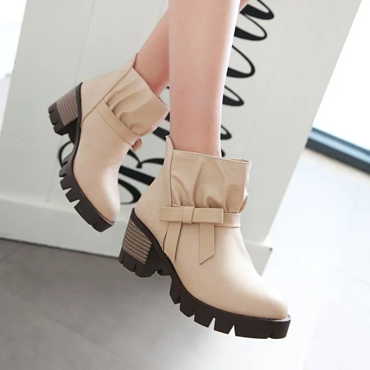 Women's Pu Leather Round Toe Bow Tie Block Chunky Heel Platform Short Boots