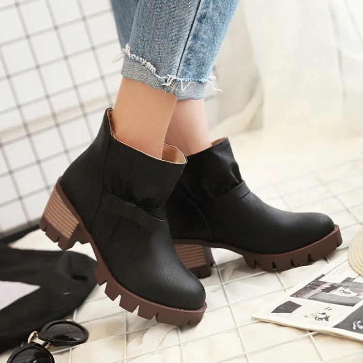 Women's Pu Leather Round Toe Bow Tie Block Chunky Heel Platform Short Boots