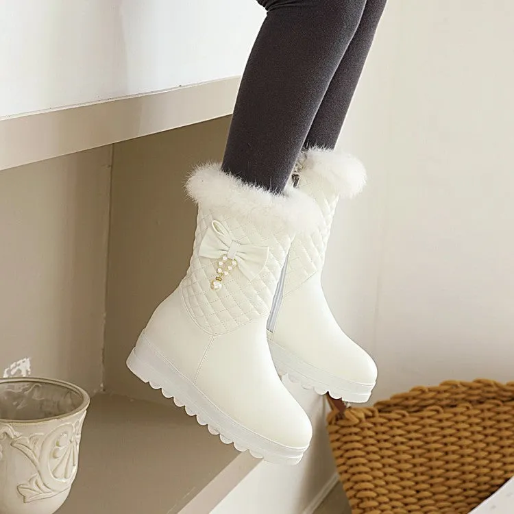 Women's Pu Leather Round Toe Bow Tie Pearls Furry Platform Wedge Heel Mid-Calf Snow Boots