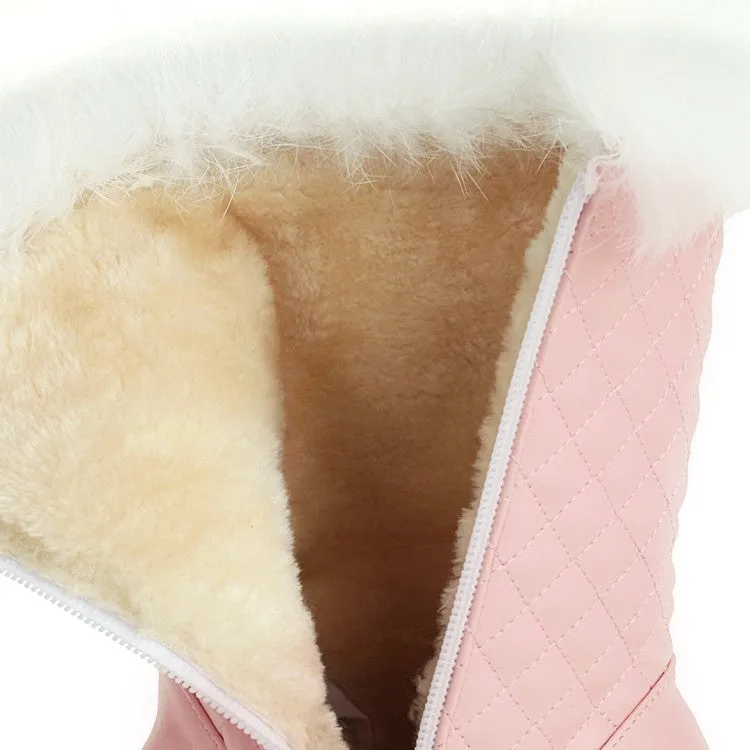 Women's Pu Leather Round Toe Bow Tie Pearls Furry Platform Wedge Heel Mid-Calf Snow Boots