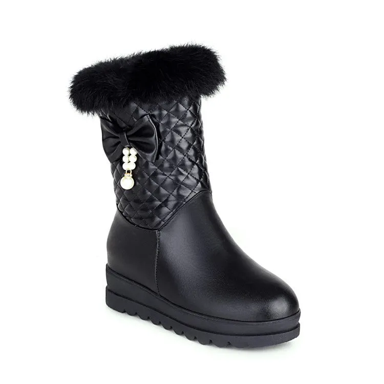 Women's Pu Leather Round Toe Bow Tie Pearls Furry Platform Wedge Heel Mid-Calf Snow Boots