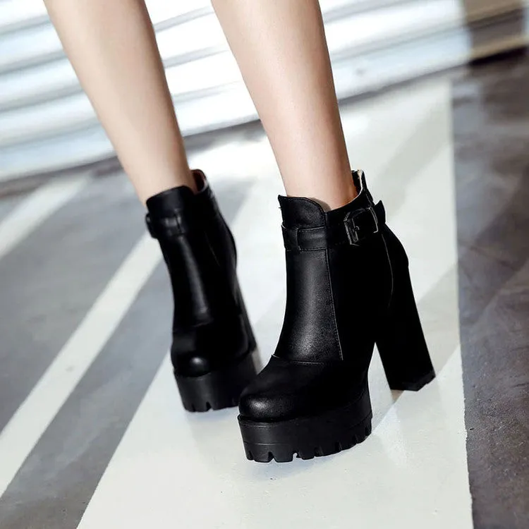 Women's Pu Leather Round Toe Buckle Straps Block Chunky Heel Platform Back Zippers Ankle Boots