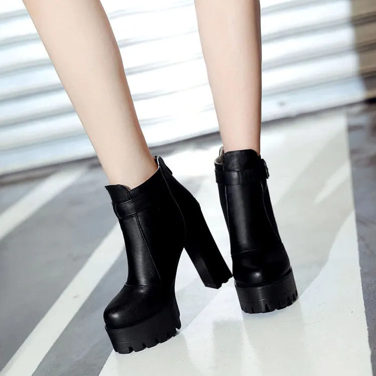 Women's Pu Leather Round Toe Buckle Straps Block Chunky Heel Platform Back Zippers Ankle Boots