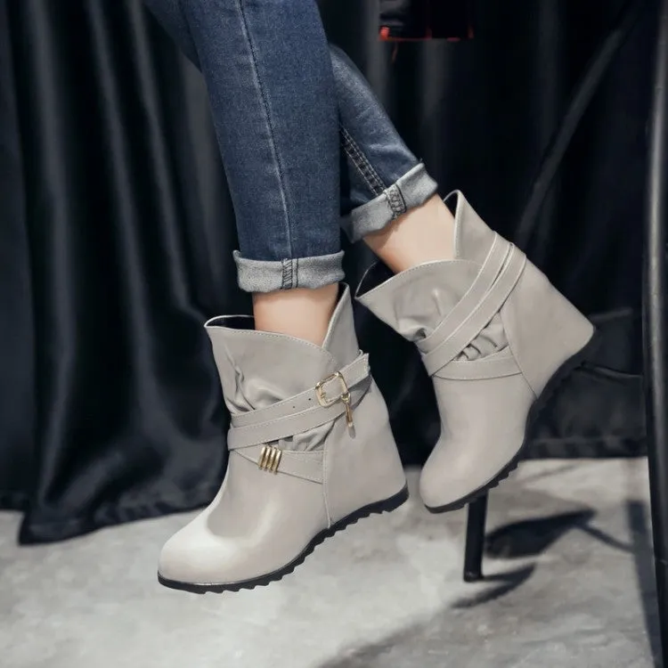 Women's Pu Leather Round Toe Crossed Buckle Straps Wedge Heel Short Boots