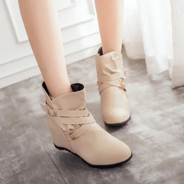 Women's Pu Leather Round Toe Crossed Buckle Straps Wedge Heel Short Boots