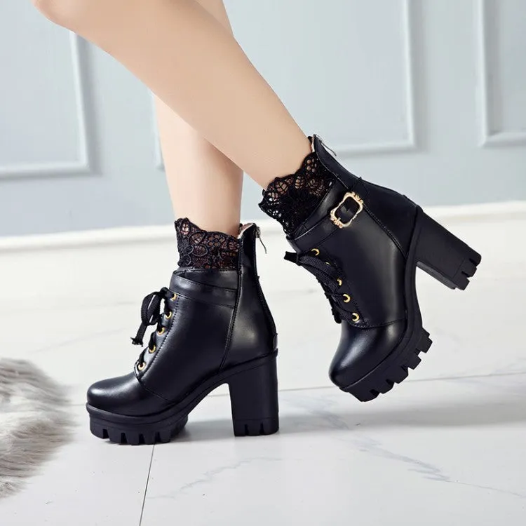 Women's Pu Leather Round Toe Lace Lace-Up Buckle Straps Block Chunky Heel Platform Short Boots