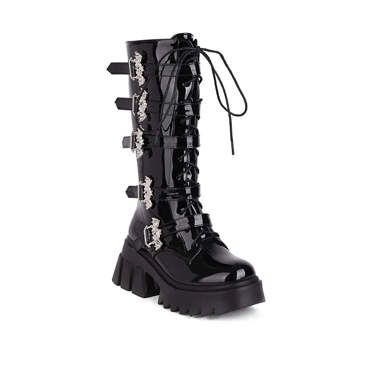 Women's Pu Leather Round Toe Lace Up Buckle Straps Block Chunky Heel Platform Riding Mid-calf Boots