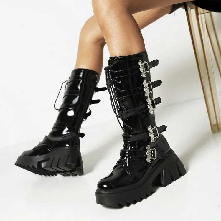 Women's Pu Leather Round Toe Lace Up Buckle Straps Block Chunky Heel Platform Riding Mid-calf Boots