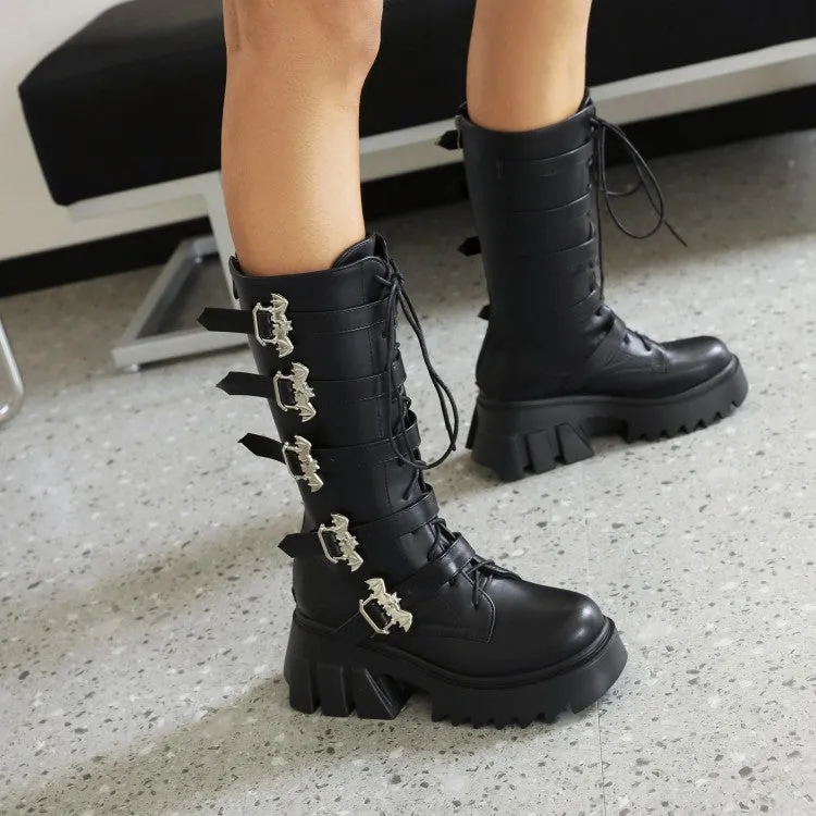 Women's Pu Leather Round Toe Lace Up Buckle Straps Block Chunky Heel Platform Riding Mid-calf Boots