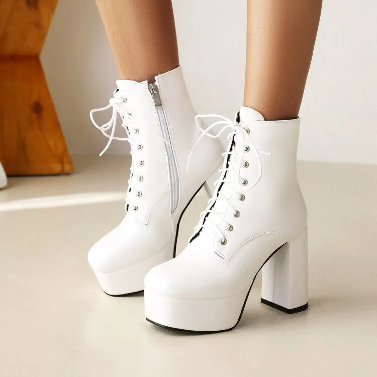 Women's Pu Leather Round Toe Lace Up Side Zippers Block Chunky Heel Platform Short Boots