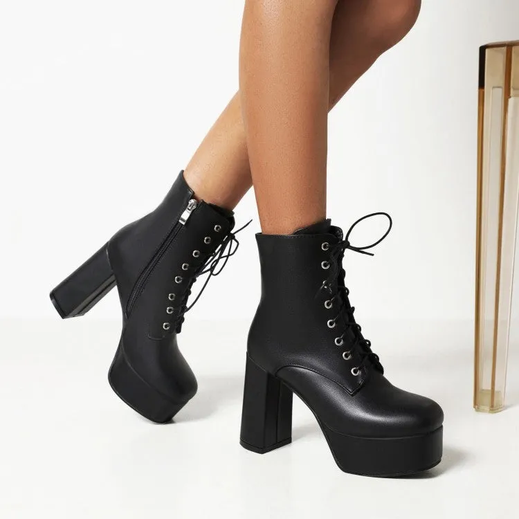 Women's Pu Leather Round Toe Lace Up Side Zippers Block Chunky Heel Platform Short Boots