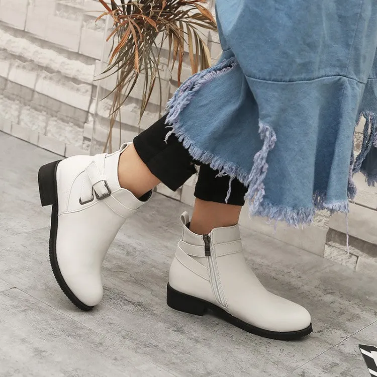 Women's Pu Leather Round Toe Side Zippers Buckle Straps Block Chunky Heel Ankle Boots