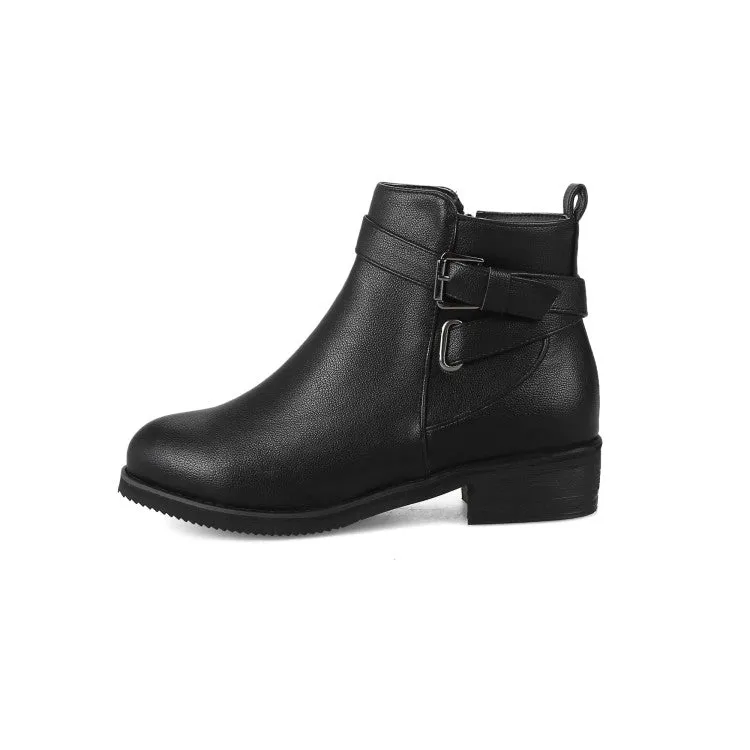 Women's Pu Leather Round Toe Side Zippers Buckle Straps Block Chunky Heel Ankle Boots