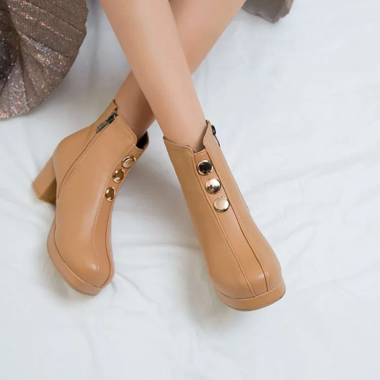 Women's Pu Leather Round Toe Stitch Buttons Side Zippers Block Chunky Heel Platform Ankle Boots