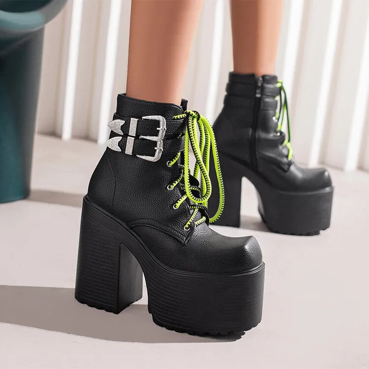 Women's Pu Leather Square Toe Lace Up Buckle Straps Block Chunky Heel Platform Ankle Boots